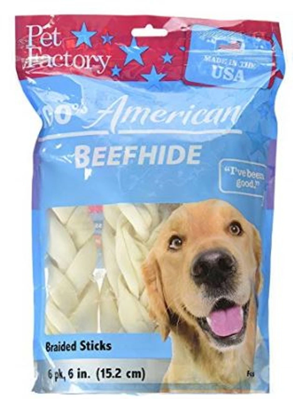Pet Factory Beefhide 6" Braided Sicks, 6 Per Pack